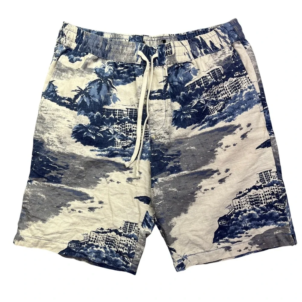 Linen Blend Shorts Elastic Waist Tropical‎ Print Casual Mens Fits 30